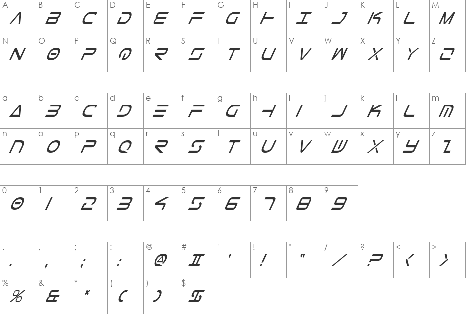 Tele-Marines Condensed Italic font character map preview
