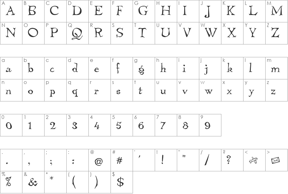 Temble ITC font character map preview