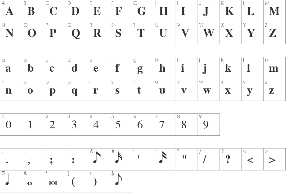 Tempo Indications Lite font character map preview