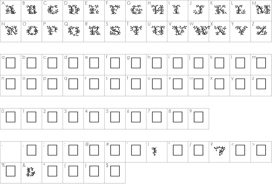 TenderleafCaps font character map preview