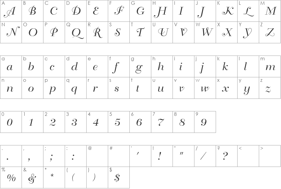 Bellevue font character map preview