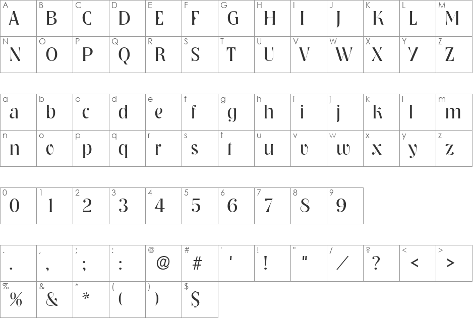 Tennessee Light SF font character map preview