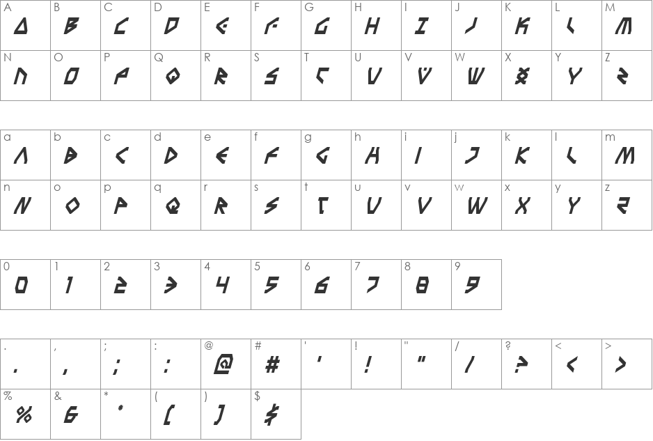 Terra Firma Condensed Italic font character map preview