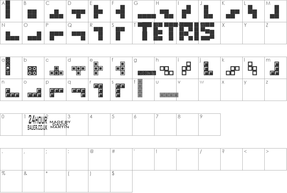 Tetris Blocks font character map preview