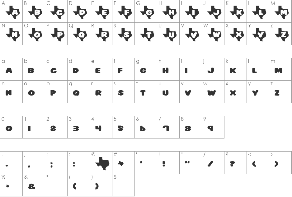 Texas font character map preview