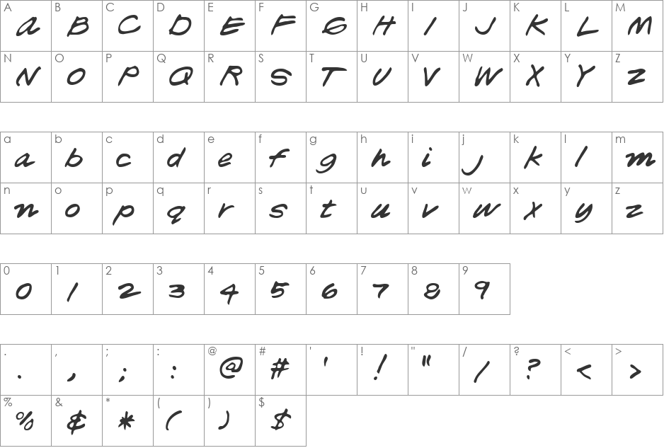 Thad font character map preview