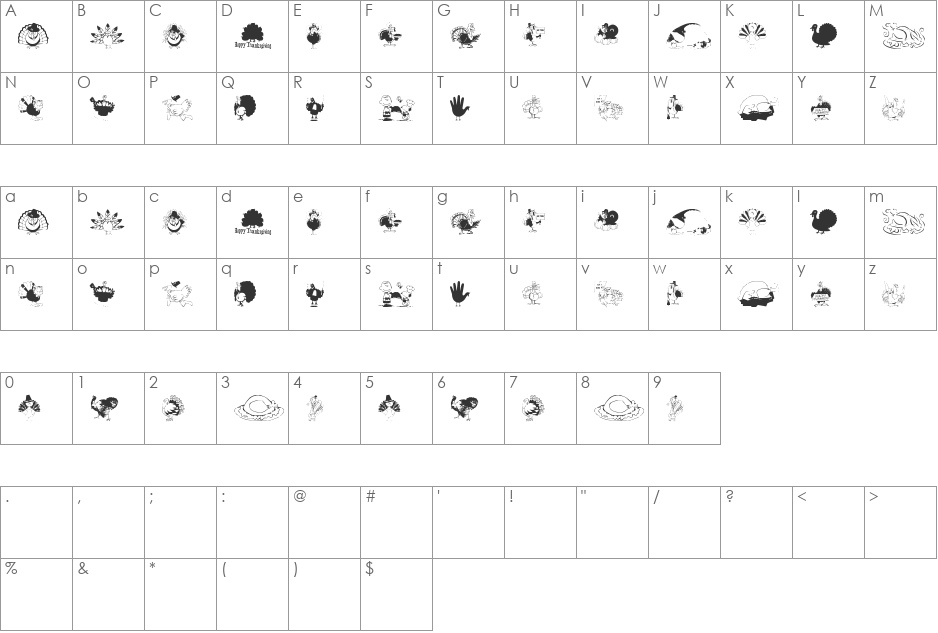 thanksgiving turkey font character map preview