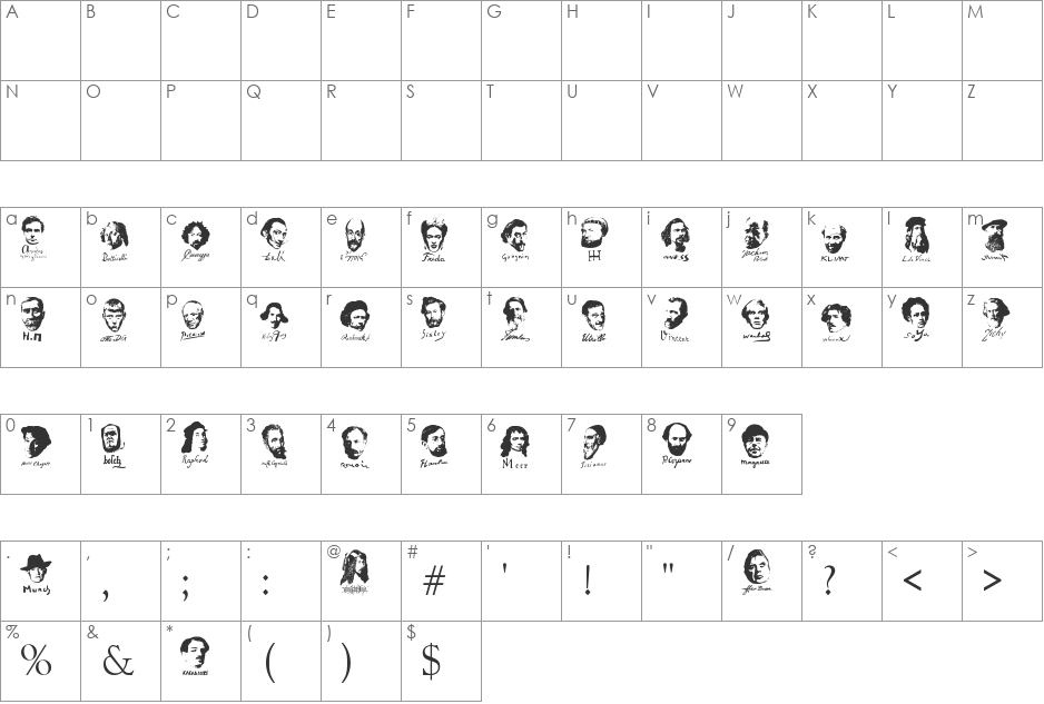Thart_World_Painters font character map preview