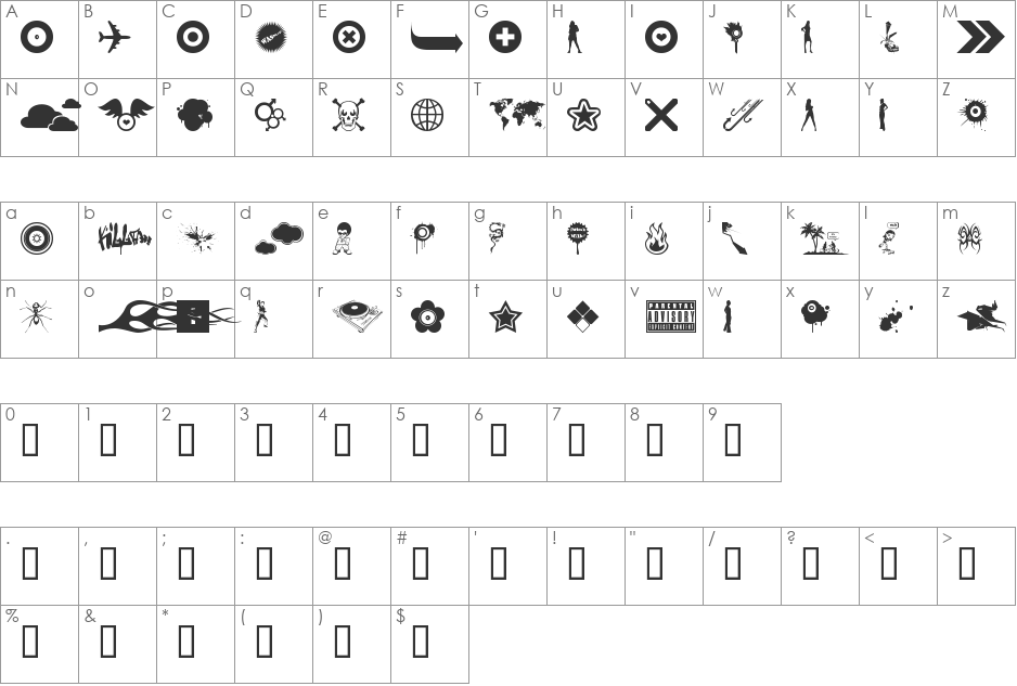 the B.O.M.B. (Best Of Magurno Brushes) font character map preview