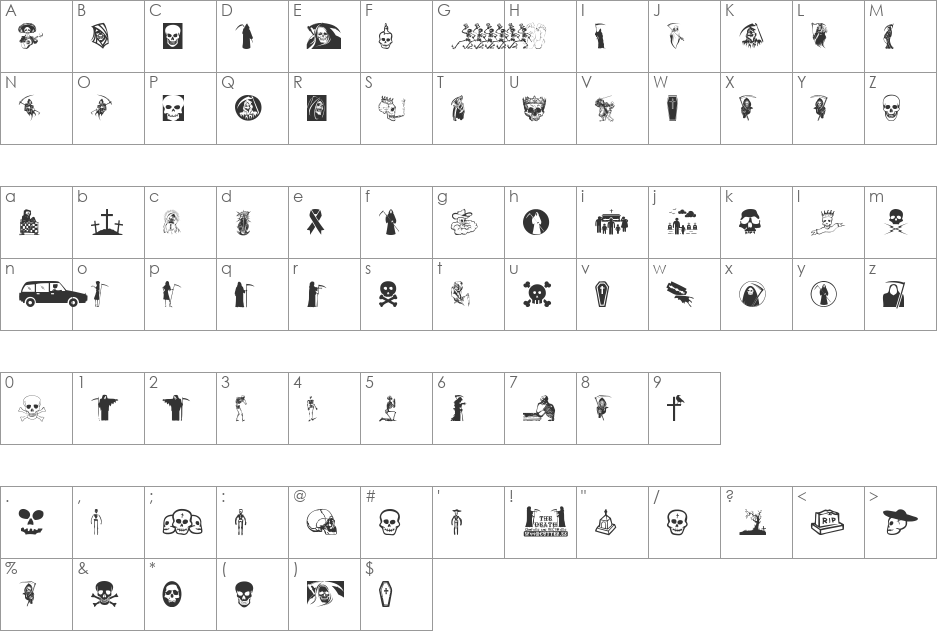 The Death font character map preview