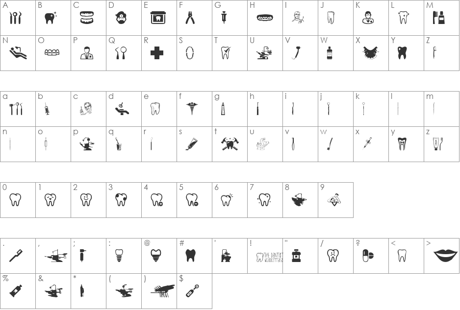 The Dentist font character map preview