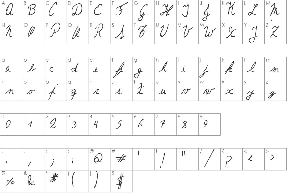 The Left-Handed Cursiva font character map preview
