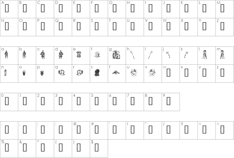 the middle ages III font character map preview