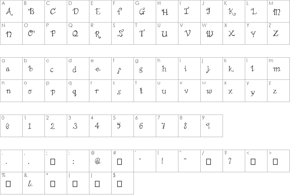 The Not So Miserable font character map preview