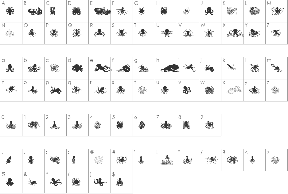 The Octopus font character map preview