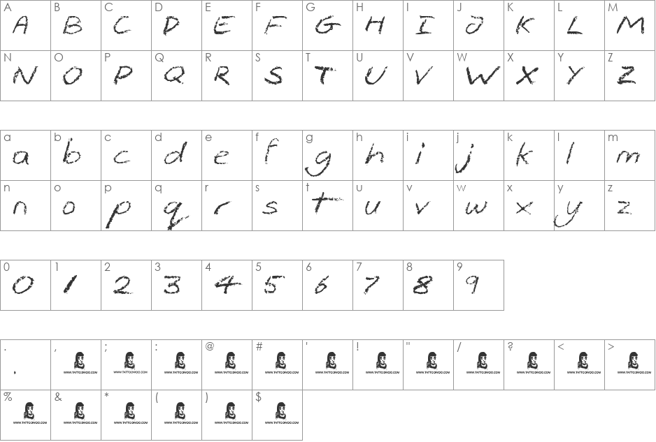 The Pits font character map preview