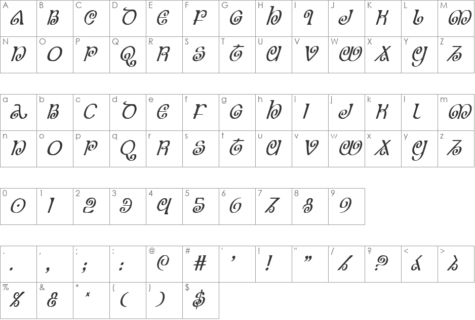 The Shire Condensed Italic font character map preview