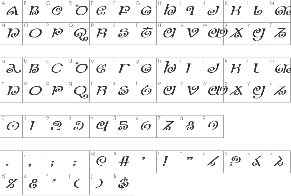 The Shire Expanded Italic font character map preview