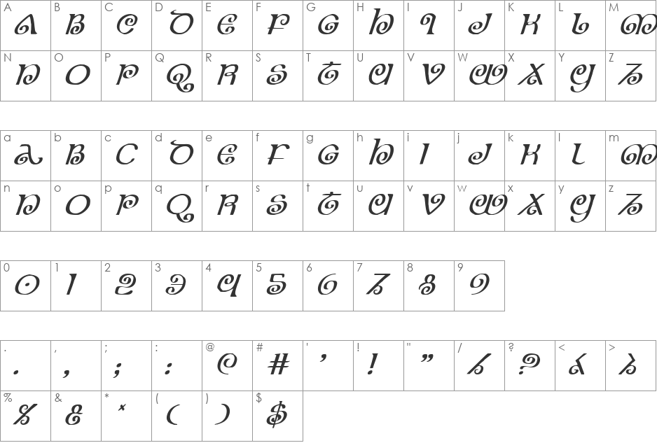 The Shire Italic font character map preview