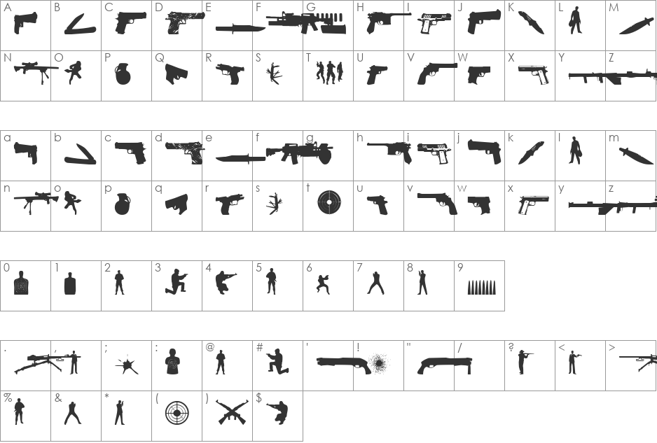 The Shooter font character map preview