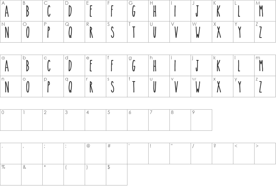 The Skinny font character map preview