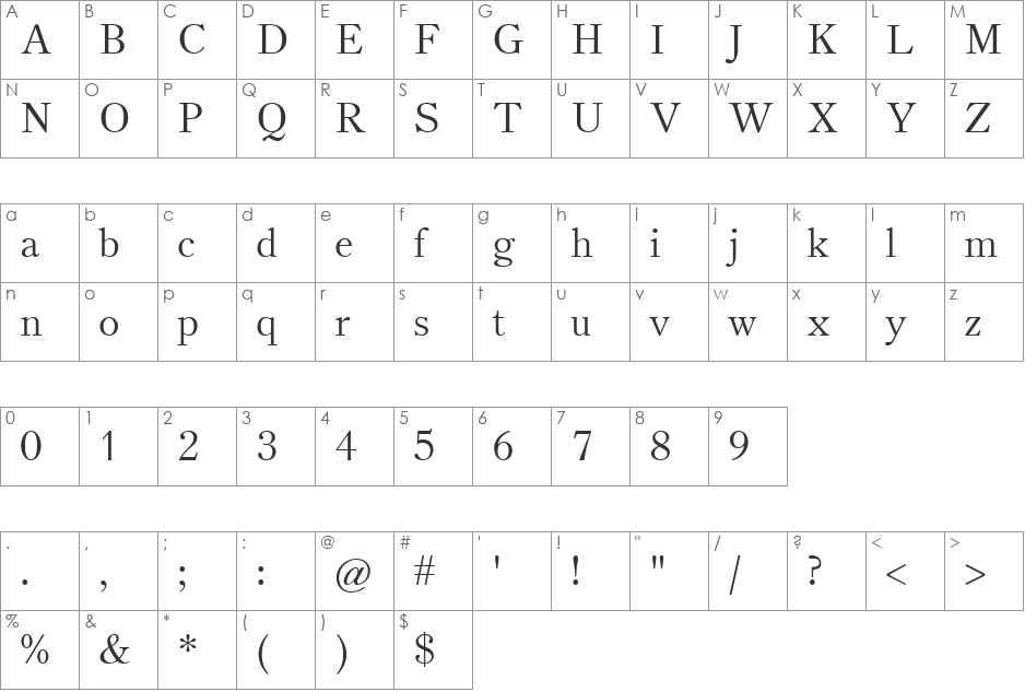 Theano Old Style font character map preview