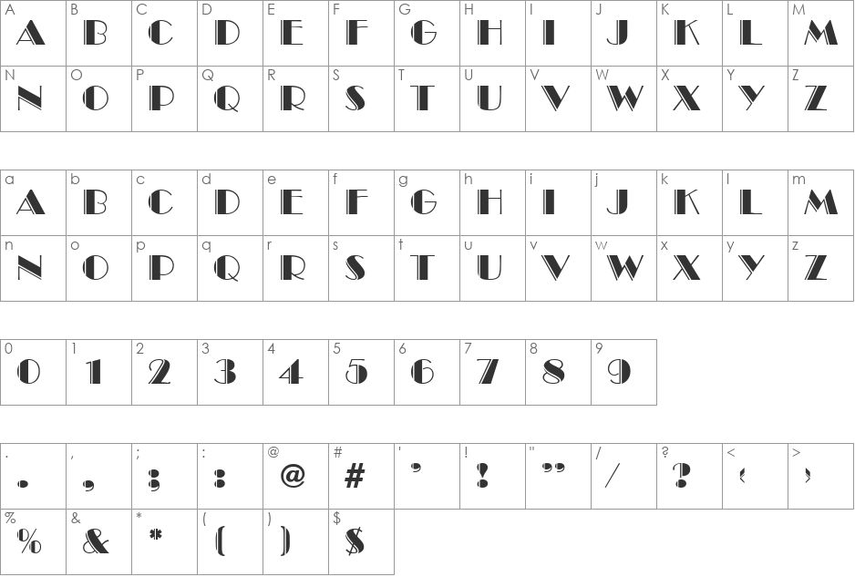 Theatre font character map preview