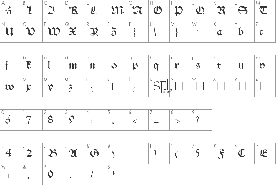 Theodoric font character map preview