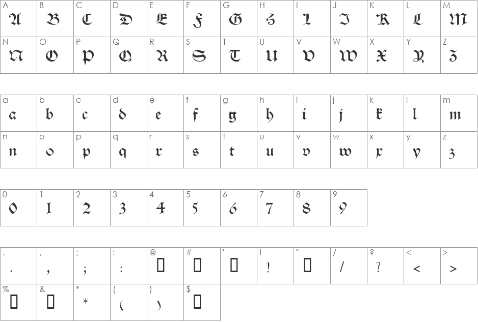 Theodoric font character map preview