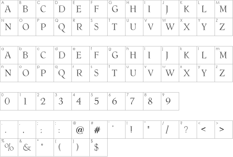 TheodorInitials font character map preview