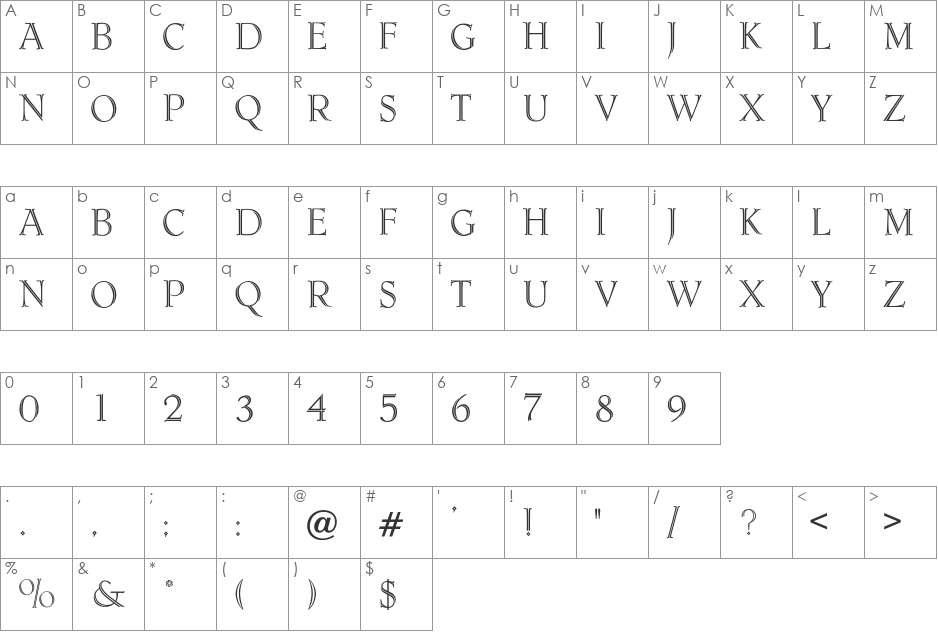 TheodorInitials font character map preview