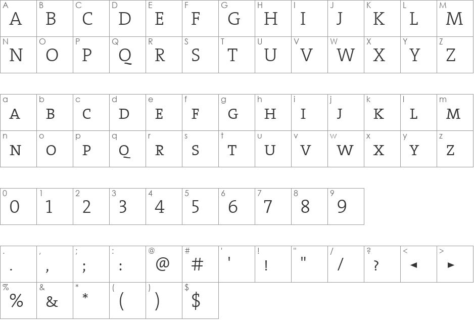 TheSerifLight font character map preview