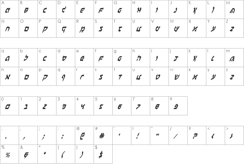 Ben-Zion Condensed Italic font character map preview