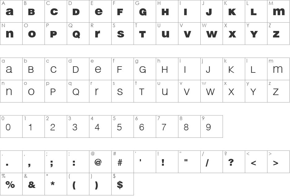 ThickThin font character map preview