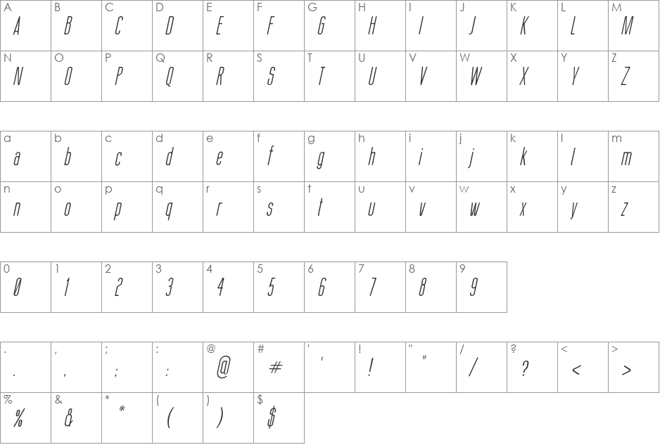 Thin Cool font character map preview
