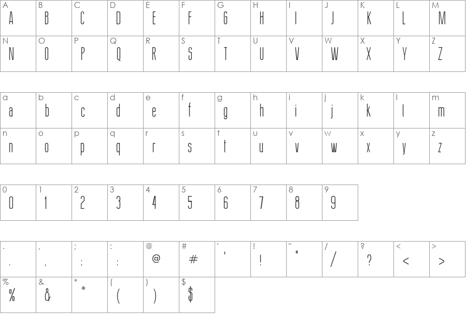 Thin Cool font character map preview
