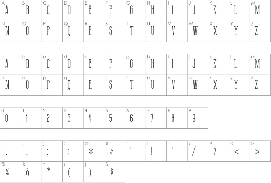 Thin Grotesk Serif font character map preview