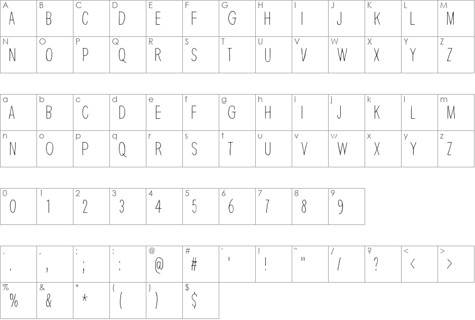 Thin king font character map preview