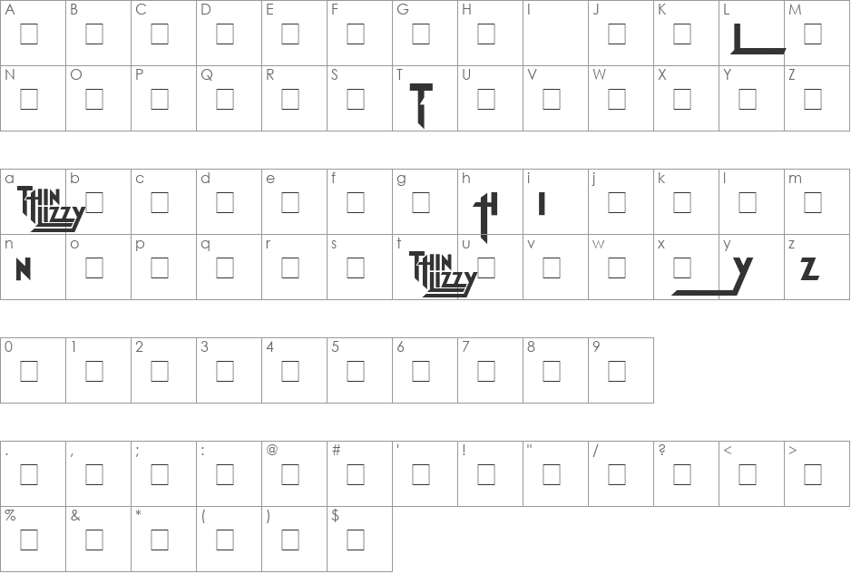 Thin Lizzy font character map preview