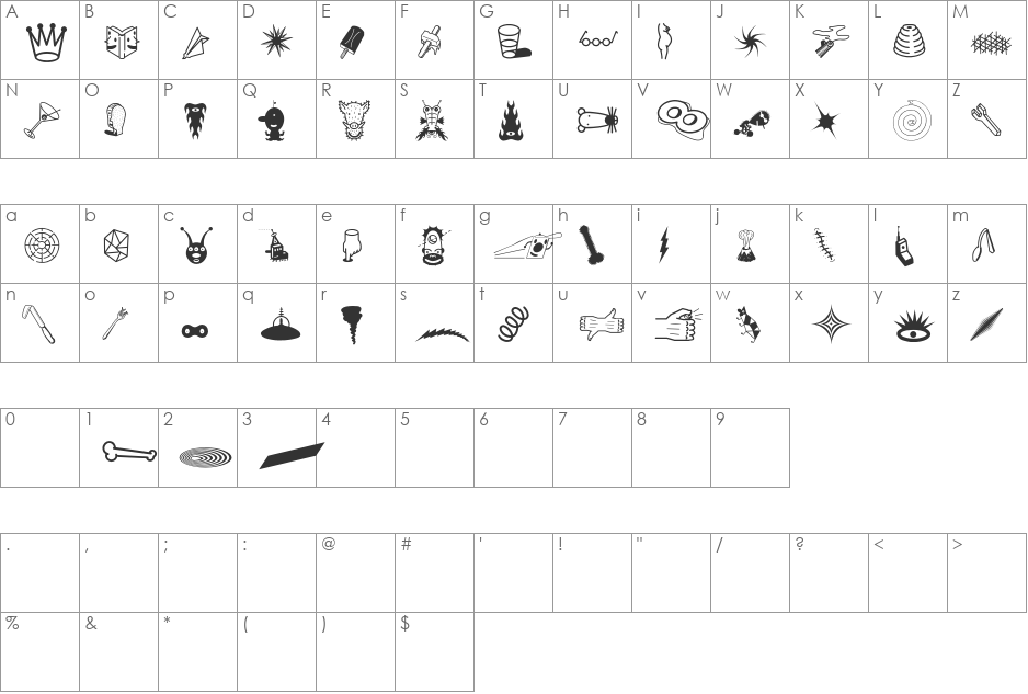 Thingbat font character map preview