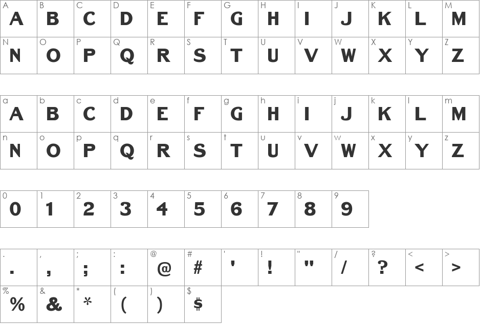 Bench Grinder Titling font character map preview