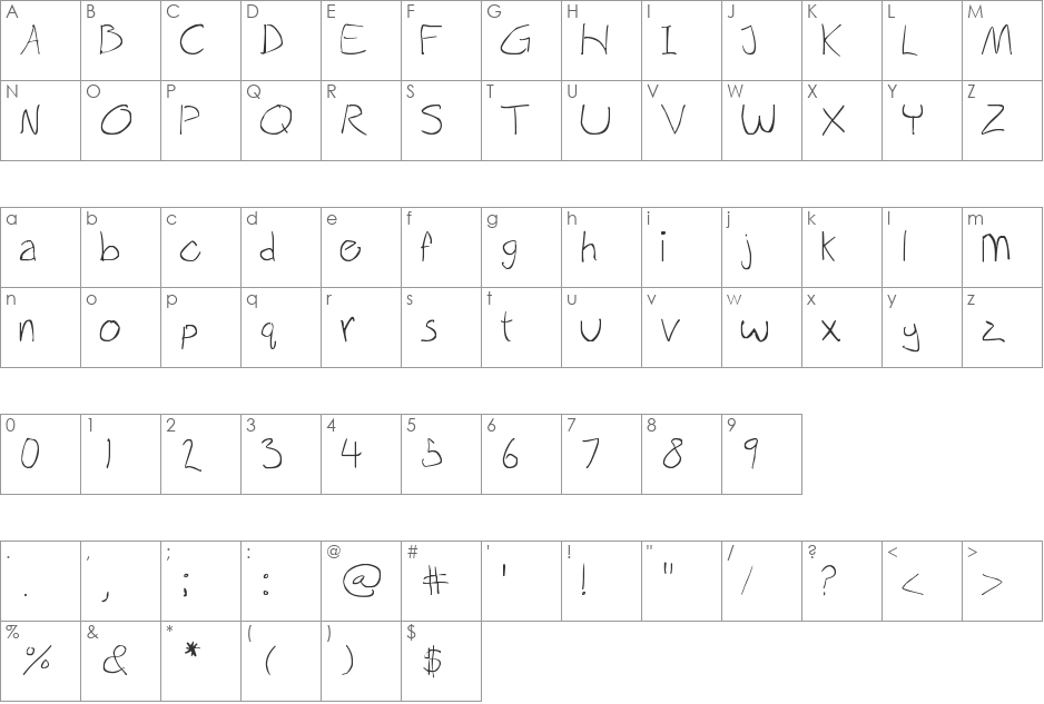 Thinnagins handwriting font character map preview