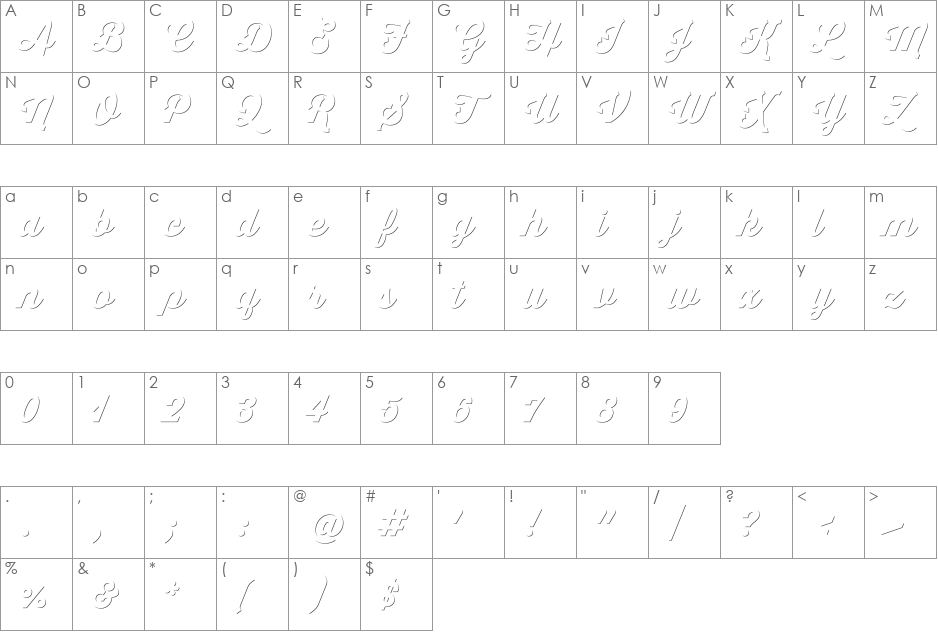 Thirsty Script Extrabold Shd font character map preview