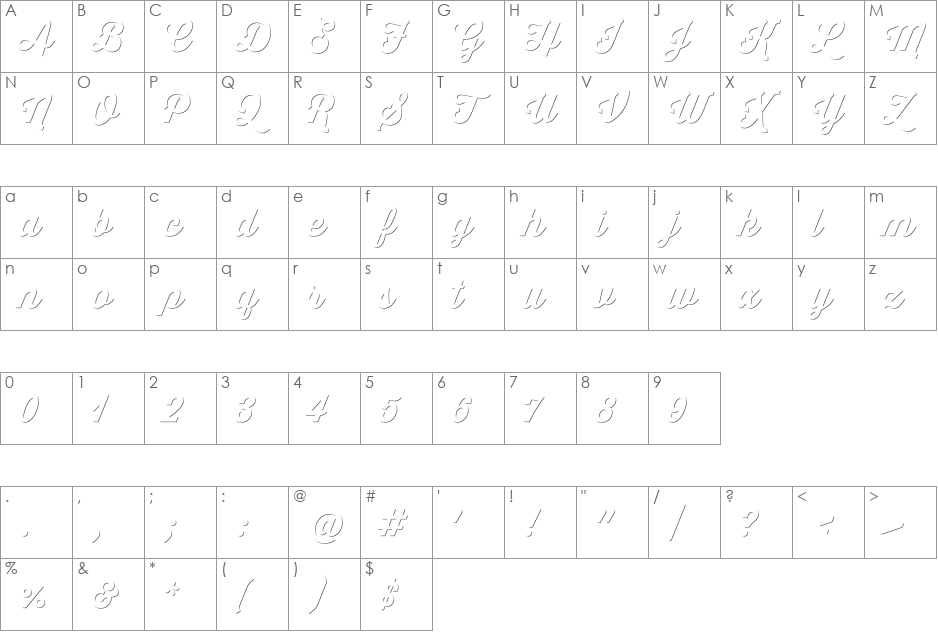 Thirsty Script Regular Shd font character map preview