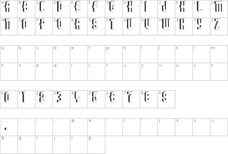 Thirties Relief font character map preview