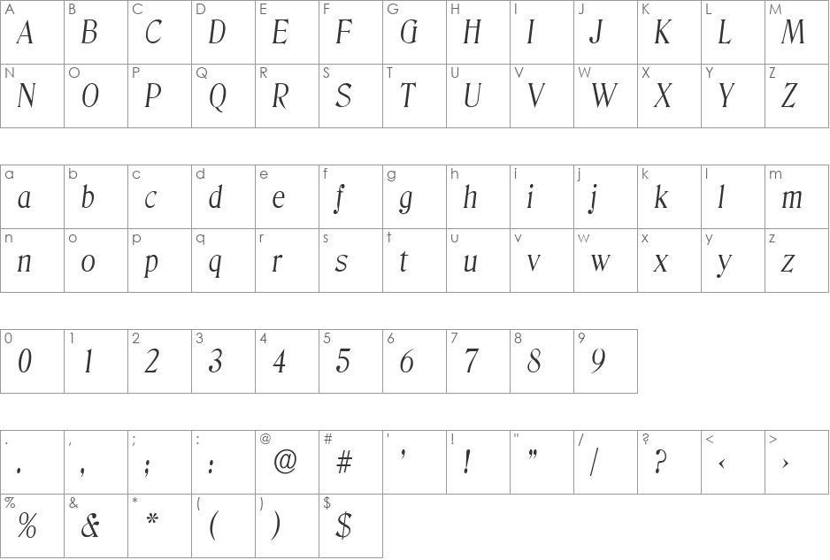 ThomasBecker-Light font character map preview