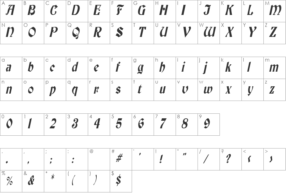 ThorntonCondensed font character map preview