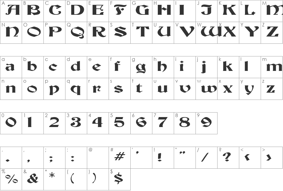 ThorntonExtended font character map preview