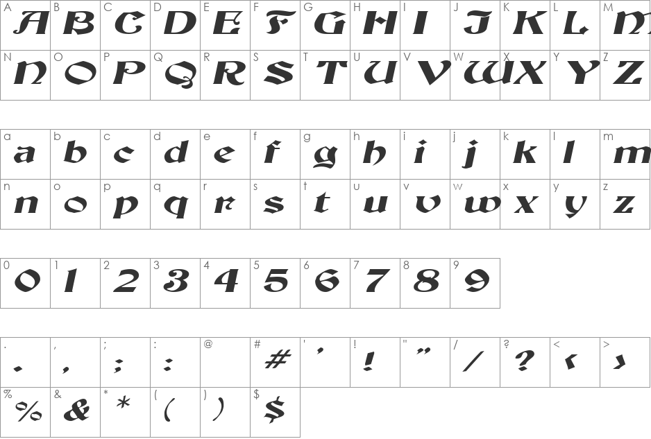 ThorntonExtended font character map preview