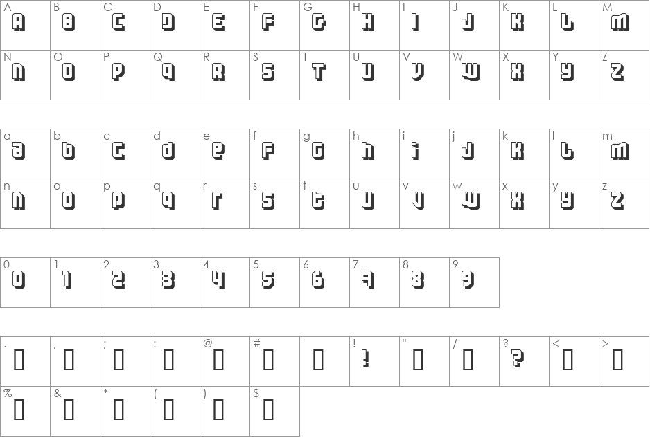 Three the Hard way shadowed font character map preview